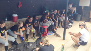 Coach Kimball Cassady from Birmingham Southern College talks with the Birmingham Lady Giants